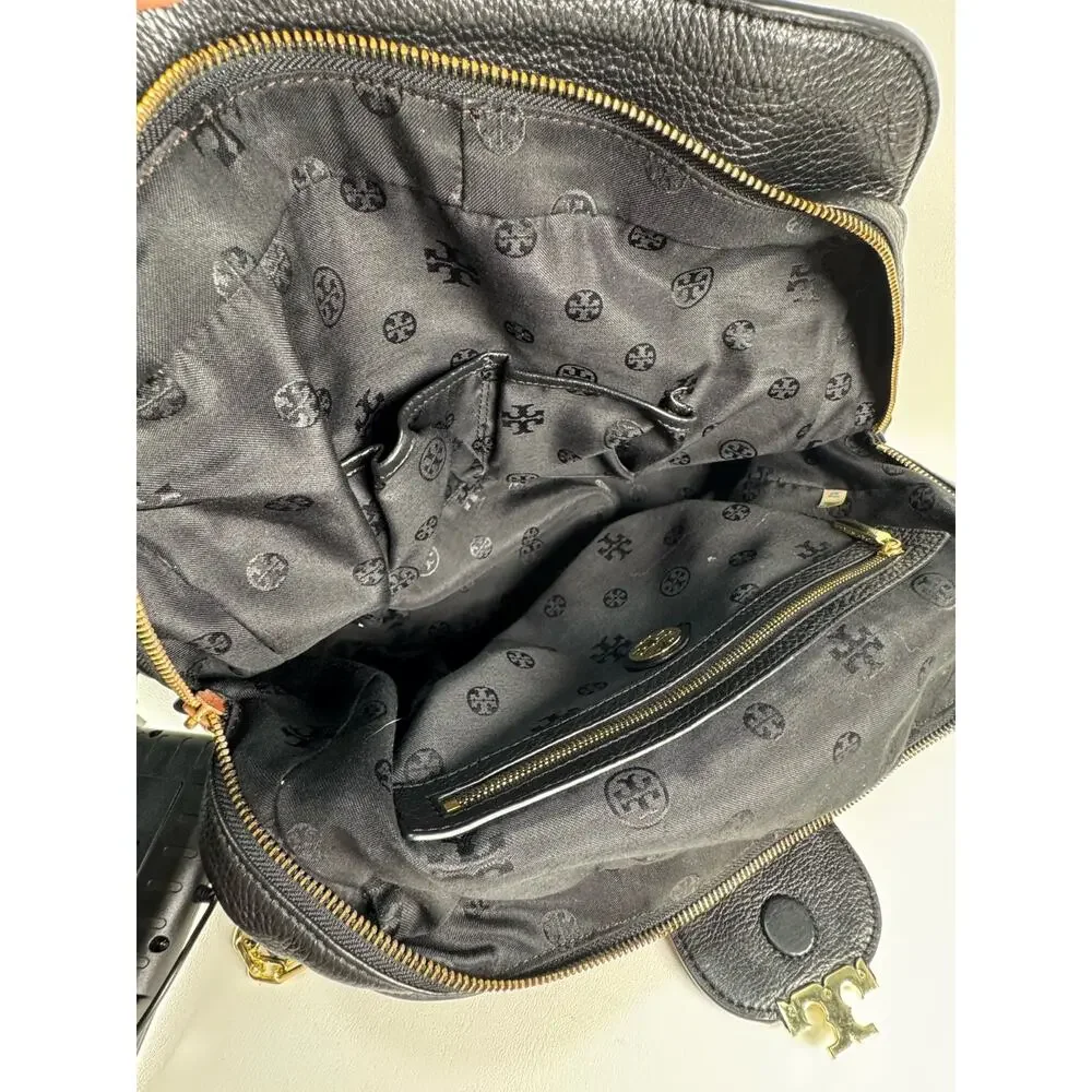 Tory Burch Amanda Black Pebbled Leather Hobo Satchel Shoulder Bag Gold Chain T